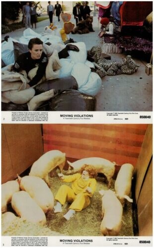 Two stills from the film Moving Violations (1985): top image shows a police officer crawling over large bags and costumed people in a street scene; bottom image shows a woman in an orange jumpsuit seated in a pig-filled pen in a cardboard enclosure.