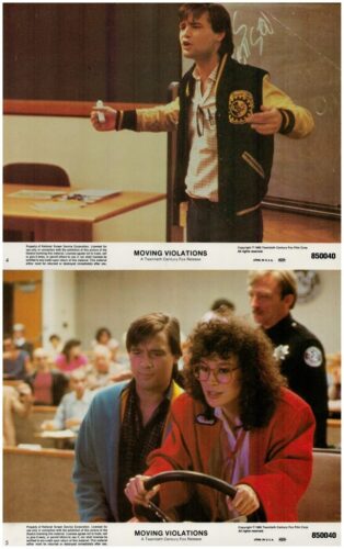 Top panel: man in a varsity jacket lecturing at a desk in a classroom, from Moving Violations.