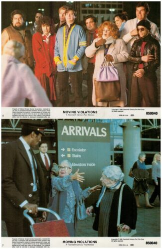 Two-panel movie still from Moving Violations: top shows a crowd in 1980s outfits, bottom shows elderly travelers near an 'ARRIVALS' sign at an airport terminal.