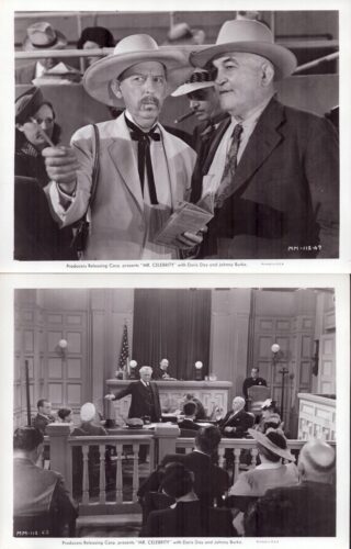 Production stills from a film: top image shows two men in cowboy hats, one pointing and holding a booklet; bottom image shows a courtroom scene with a speaker at the bench addressing an audience.