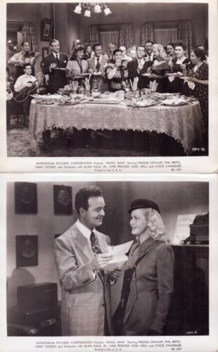 Large vintage party scene: many guests toast around a long lace-covered table, musicians in the background.