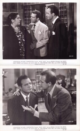 Two vintage film stills: top shows a woman in a dark jacket with two men in suits arguing or discussing; bottom shows two men in suits, one gesturing as they talk in a studio setting.