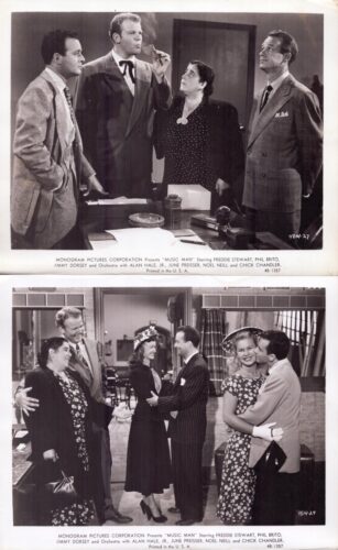Two vintage black-and-white film stills: top shows four adults in a tense office scene, one man smoking; bottom shows couples at a social gathering, smiling and embracing.