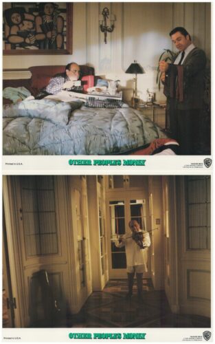 Poster from the film Other People's Money: top scene with a man in bed using a red phone and another man in a suit standing nearby in a bedroom setting; bottom scene shows a violinist in a white shirt playing in a grand hallway.