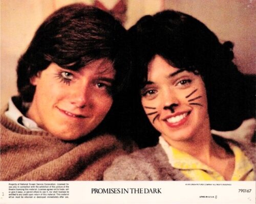 Two young people smile with their heads close together; one has cat whiskers drawn on her face in a movie poster for 'Promises in the Dark'.