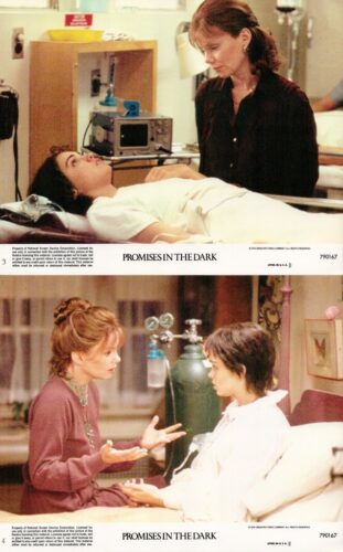Hospital room scene from Promises in the Dark: a woman lies in bed connected to medical equipment as another woman stands nearby, looking concerned.