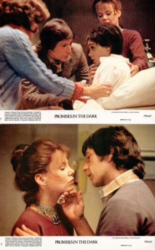 Two stills from Promises in the Dark: top frame shows a man leaning toward a patient in a hospital bed while others watch; bottom frame shows a man and woman close, about to kiss.