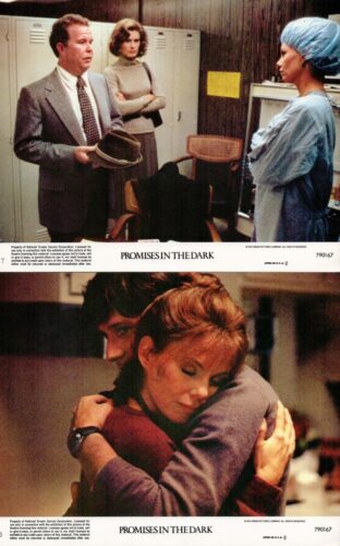 Two stills from the film Promises in the Dark: top scene shows a suited man holding a hat, a woman with arms crossed, and a nurse in scrubs; bottom scene shows a couple embracing warmly.