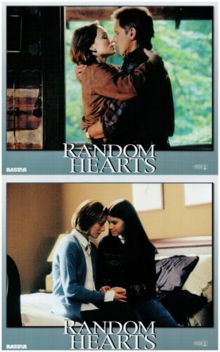 Two 'Random Hearts' movie posters: top image shows a couple embracing and kissing by a doorway, bottom image shows a man and woman sitting close on a bed, looking at each other.