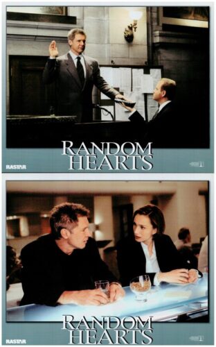Two posters for the film Random Hearts: top shows a man in a suit raising his hand at a courtroom-style podium, bottom shows a man and woman in a serious conversation at a bar counter.