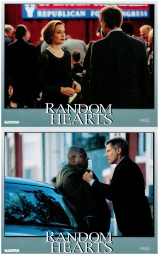 Two stills from Random Hearts: top shows a woman in black with pearls at a political event; bottom shows a man confronting another beside a car.