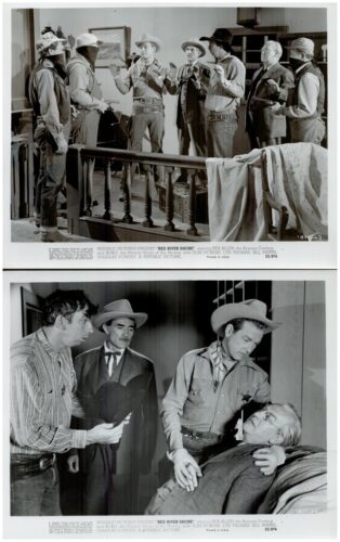Two black-and-white Western film stills: top shows seven men with raised hands as if surrendering on a set with a railing; bottom shows three men standing by an elderly man in bed, one comforting him.
