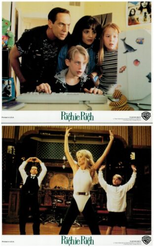 Promotional collage for Richie Rich: top image shows a family gathered around a computer, bottom image shows a woman dancing with two children in a living room.