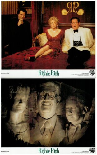 Three people sit on a bed in a luxurious room: a woman in a red dress between two men, one in black and one in a white tuxedo, with 'Richie Rich' branding above. The scene is promotional poster imagery for Richie Rich (top panel).
