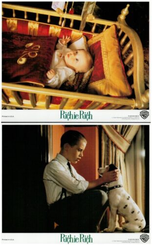 Two-panel Richie Rich stills: a baby in an ornate gilded cradle above, and a man seated with a Dalmatian below.