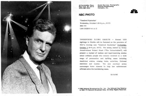 Black-and-white NBC publicity photo of a man in a suit, next to a typed NBC press release about Unsolved Mysteries and UFO sightings.