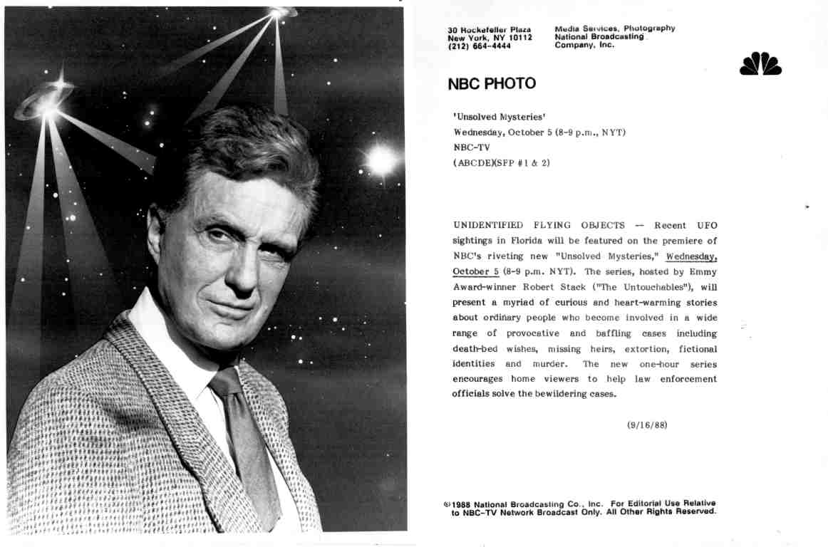 Black-and-white NBC publicity photo of a man in a suit, next to a typed NBC press release about Unsolved Mysteries and UFO sightings.