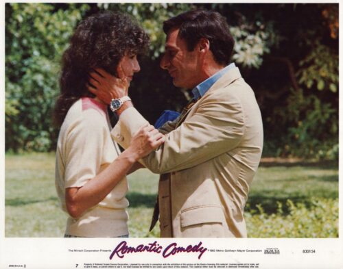 A man and woman embrace in a sunlit garden, smiling at each other; retro movie poster for Romantic Comedy.