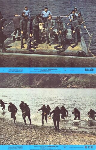 Stills from a submarine film: top frame shows divers in wetsuits on a boat deck; bottom frame shows divers running into the sea from a rocky shore.