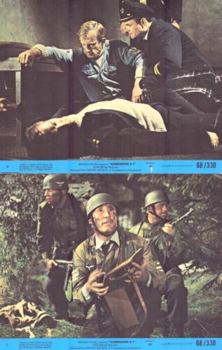 Two-panel still from a vintage war film: top panel shows a distressed man in a denim shirt slumped on a couch, a uniformed officer leaning over him; bottom panel features a suited officer with a map and two soldiers in helmets in a forest.