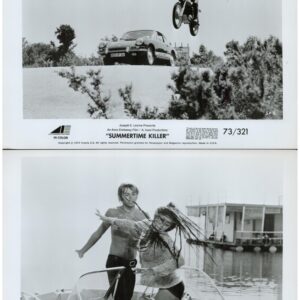 Two black-and-white promotional stills from the 1973 film Summertime Killer: top frame a motorcyclist leaps over a car; bottom frame two people on a speedboat near a marina.