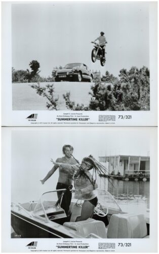 Two black-and-white promotional stills from the 1973 film Summertime Killer: top frame a motorcyclist leaps over a car; bottom frame two people on a speedboat near a marina.