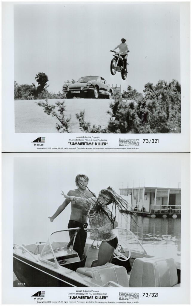 Two black-and-white promotional stills from the 1973 film Summertime Killer: top frame a motorcyclist leaps over a car; bottom frame two people on a speedboat near a marina.