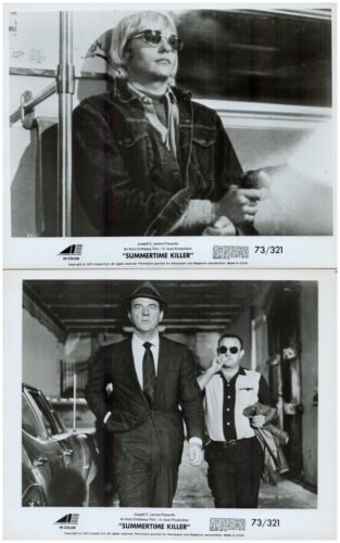 Two black-and-white film stills from Summertime Killer: top shows a sunglasses-wearing man in a denim jacket near a pole; bottom shows a suited man in a fedora walking with a companion smoking.