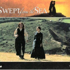 Movie poster for Swept from the Sea: a man and woman in dark period clothing walk across a grassy hillside at sunset.