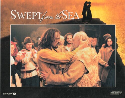 Poster for 'Swept from the Sea' showing a man with long hair embracing a bald man in a fur vest as a crowd looks on, with a sunset backdrop.