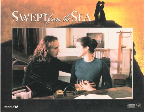 Movie poster for 'Swept from the Sea' showing a man with long hair and a woman in a teal top seated at a desk, the man touching her hands in a comforting pose, warm sunlit background.
