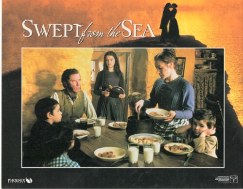 Poster for the film 'Swept from the Sea' showing a family dinner scene with a woman serving food while others sit around the table, and a couple kissing on a cliff at sunset in the background.