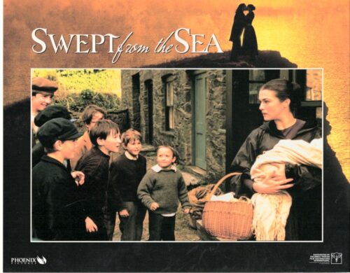 Poster for the film Swept from the Sea: a woman in black holding a baby beside a wicker basket greets a group of children outside a stone building as a sunset couple silhouette appears in the background.