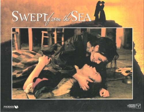 Poster for the film 'Swept from the Sea' featuring a couple kissing on the floor, one atop the other, with a warm sunset backdrop and a bordered frame.