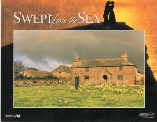 Movie poster for Swept from the Sea: a couple kissing on a cliff at sunset above a stone cottage with a field of daffodils and a rainbow