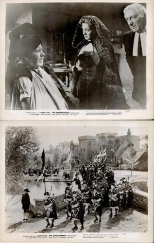 Two black-and-white film stills: top shows a turbaned man and a woman in period dress with a bystander; bottom shows soldiers marching by a castle.