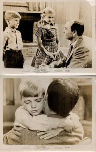 Stills from the film 'That Night': top image shows a man seated and two children (a boy and a girl) standing and talking to him; bottom image shows a boy hugging the man in an embrace.