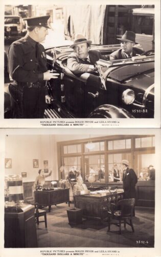 Two vintage 1930s film stills: top panel shows a police officer beside a classic open car, talking with two men wearing fedoras in the back seat; bottom panel depicts a busy office scene with wooden desks, clerks, and a man standing by a large window.