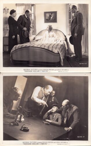 Top image: a woman sits up in bed in a vintage bedroom as four adults stand around, watching her. Top image context: a 1930s film still in a bedroom setting.