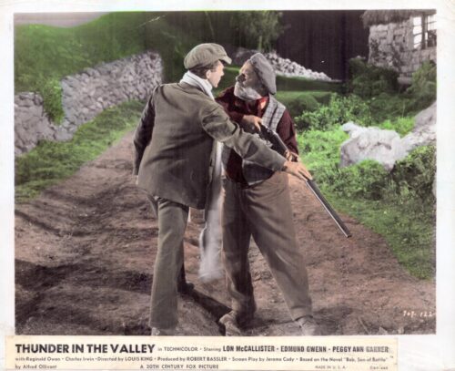 Two men in vintage clothing wrestle over a shotgun on a rural dirt road, with stone walls and greenery in the background.