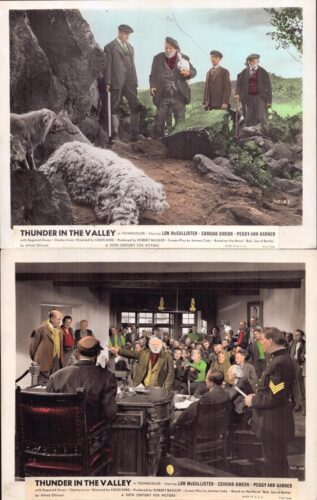 Two-panel collage from the film Thunder in the Valley: an outdoor rocky scene with men and a dog, and a crowded courtroom/hall scene indoors.