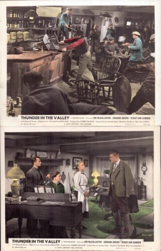 Two-panel vintage movie stills from Thunder in the Valley: top shows a barroom brawl, bottom shows a Western office/parlor scene with several people.