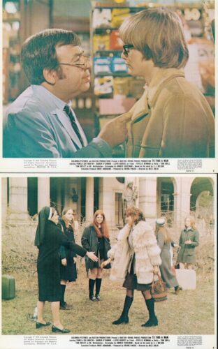 Two-panel vintage magazine photo: top shows a man in glasses pinning a lapel on a woman in a tan coat; bottom shows a group of stylish women outside a building.