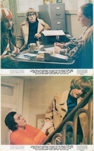 Top panel: three people around a cluttered desk, one wearing a striped hat, another in glasses and tan coat, discussing papers and coffee mugs at an office desk.