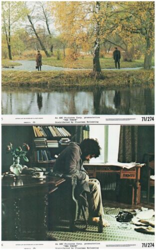 Two-panel image: top—autumn park with a man and woman near a pond; bottom—man seated indoors at a desk with books and papers nearby.