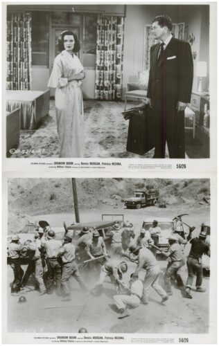Two vintage film stills: indoors, a man in a suit with a robed woman; outdoors, a miners’ brawl in a dusty site.