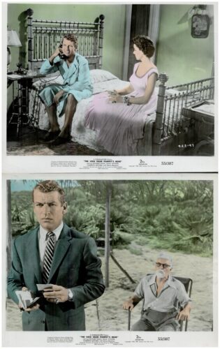 Two-panel vintage movie stills: top shows a man on a phone in a bedroom with a woman on the bed; bottom shows a man in a suit on a beach with an older man nearby.