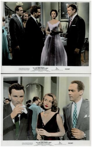 Two film stills of a 1950s party: guests in formal attire in a dining room, a woman in a lavender gown at center of the top scene.