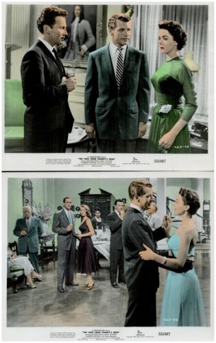 Two vintage movie lobby cards for The View from Pompey’s Head: top shows three people in a living room—a man in a dark suit holds a glass, another man in a suit, and a woman in a green dress. Bottom shows a ballroom scene with couples dancing and guests watching.