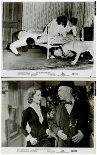 Two vintage film stills side by side: top scene shows people peering under a bed with a dog nearby, in a bedroom setting; bottom scene shows a man in a suit and bowler hat speaking with a woman in period dress outdoors.